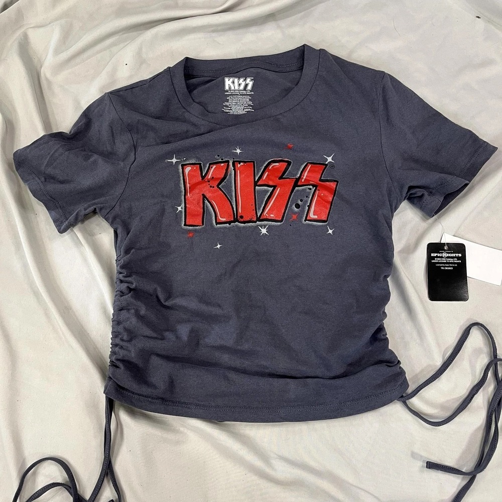 KISS Shirt Womens Small Gray Ruched Side Tie Band Graphic Rock Logo Tee Top